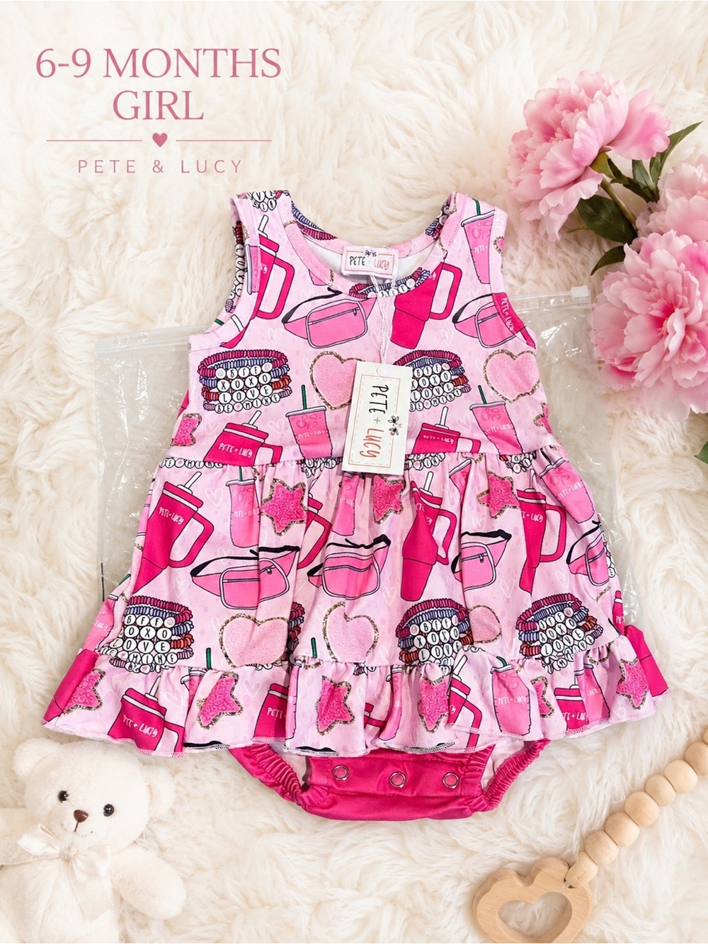 Pink Printed Baby Dress with Attached Bodysuit - 6-9 Months